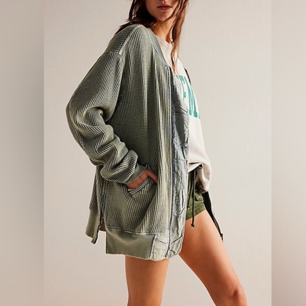 FP ONE Free people Lupo Bomber Cardi - Nevergreen sweater jacket knit Coachella - Picture 2 of 13